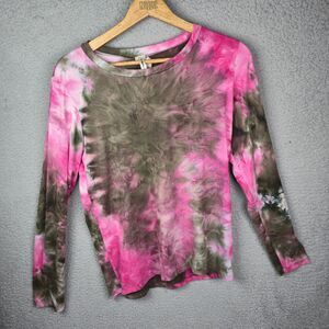 SJL Apparel Womens Long Sleeve Tee L Pink Olive Tie Dye Soft Stretch Grunge Y2k